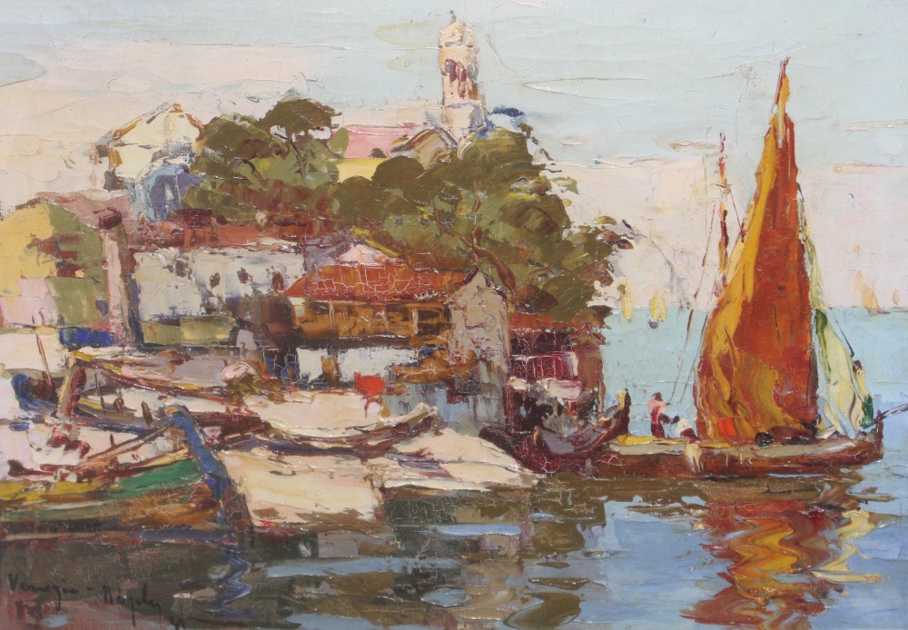 Italian School, oil on canvas, Fishing boats along the coast, indistinctly signed and dated, 40 x 50cm